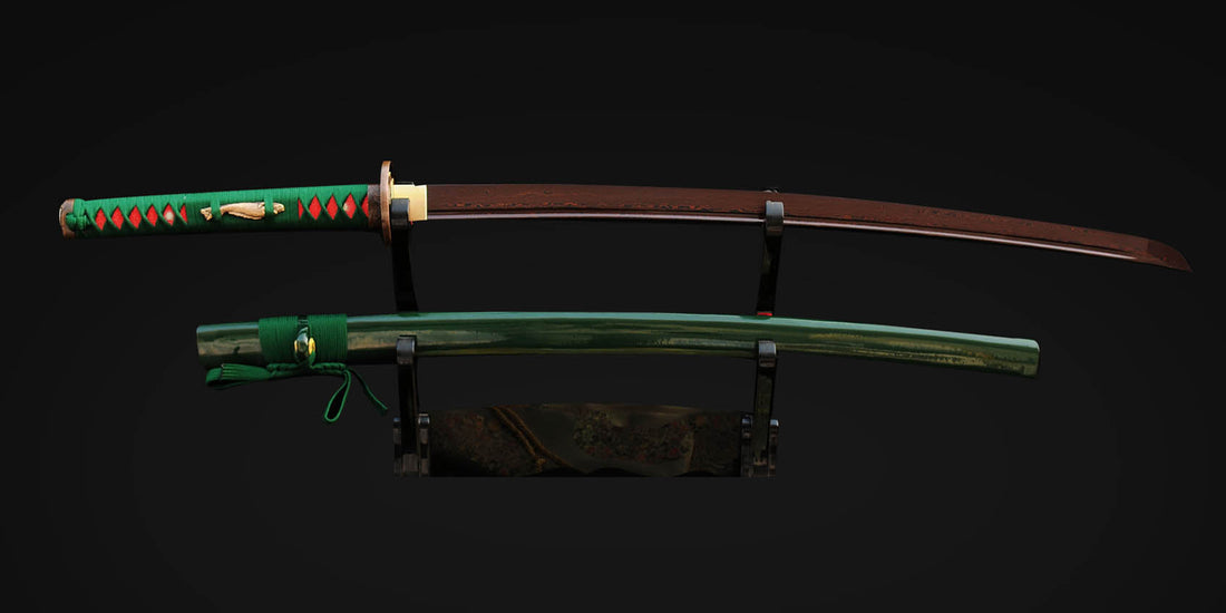 Damascus Steel Sword Red And Black Folded Steel With Copper Fish Tsuba