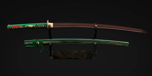 Damascus Steel Sword Red And Black Folded Steel With Copper Fish Tsuba